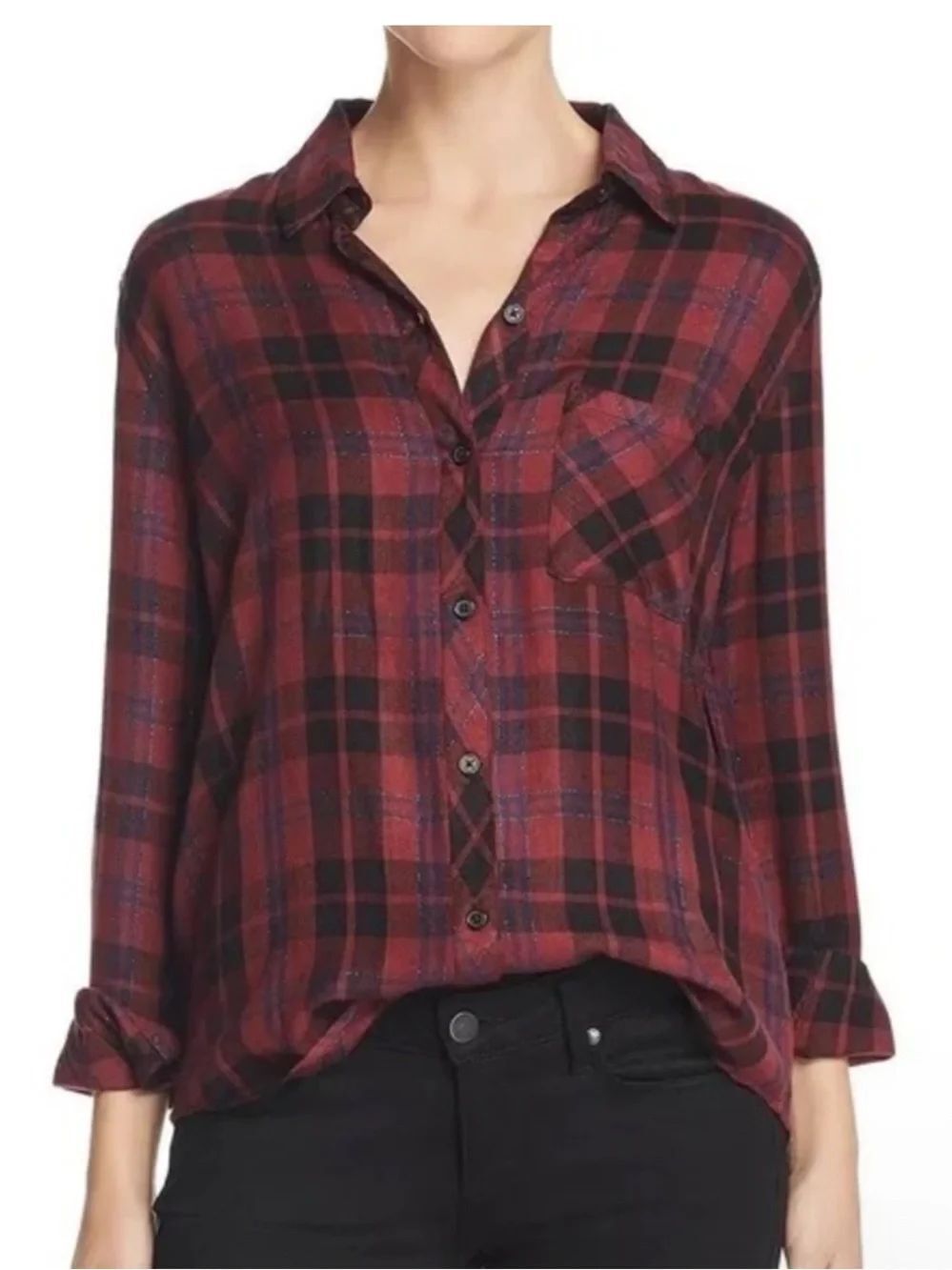 RAILS Hunter Plaid Long Sleeve Button Up Wine Navy Black Shirt Women’s Size Med